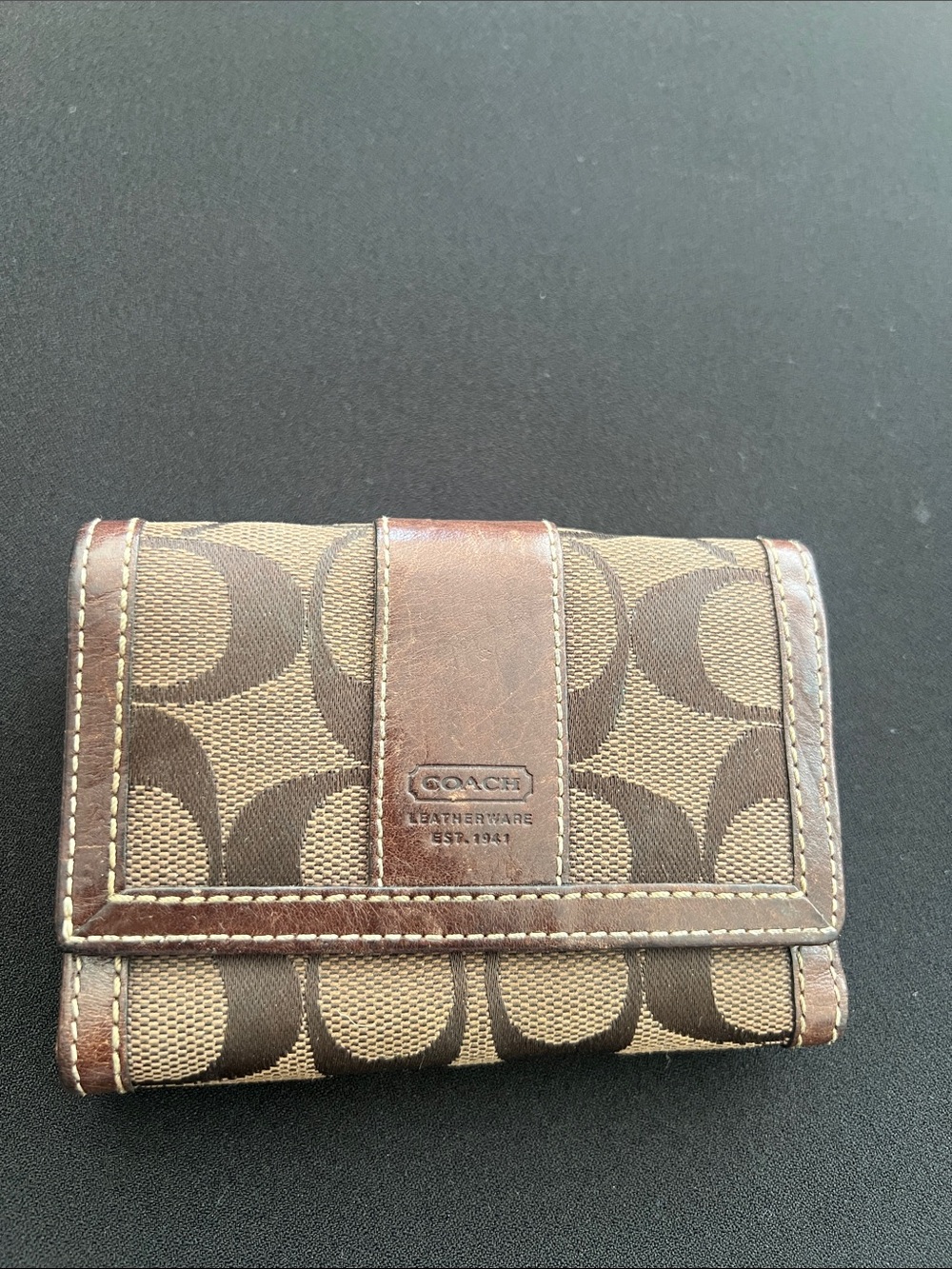 Coach Brown Signature Canvas Card Holder with Dark Brown Leather Trim Y2K